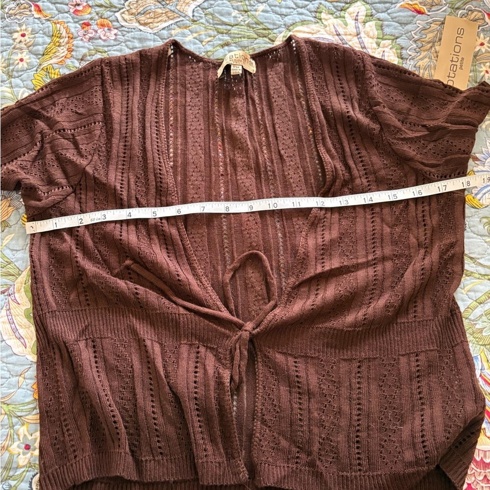 NEW Notations Women PM  Brown Open-Knit Tie Front Cardigan Sweater Short Sleeve - Picture 2 of 7